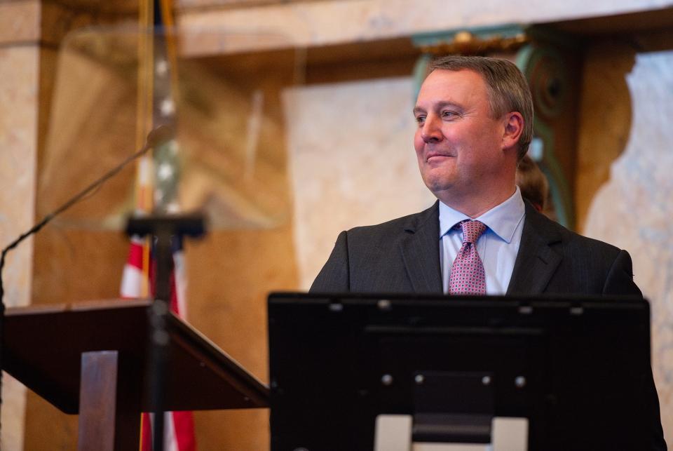 House Speaker Jason White looks out at the chamber after the Mississippi State of the State address at the Mississippi State Capitol in Jackson on Monday, Feb. 26, 2024. On Saturday, the House passed along a bill to change the state's retirement system and sent it to the governor's desk.