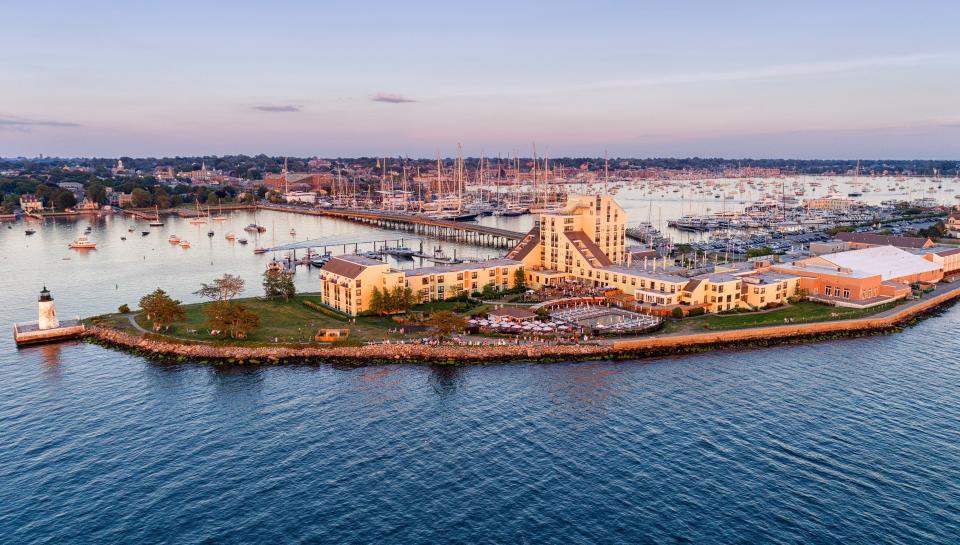 This aerial shot of Gurney’s Newport Resort & Marina showcases the waterfront charm of Newport.