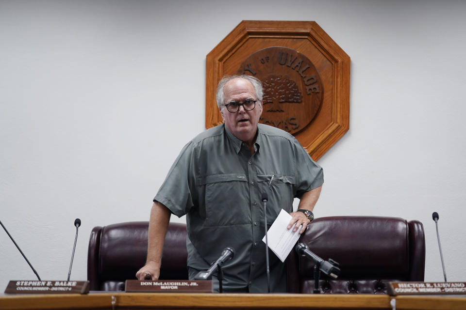 Uvalde Mayor Don McLaughlin, Jr., speaks during a special emergency city council meeting to reissue the mayor's declaration of local state of disaster due to the recent school shooting at Robb Elementary School, Tuesday, June 7, 2022, in Uvalde, Texas. (AP Photo/Eric Gay)