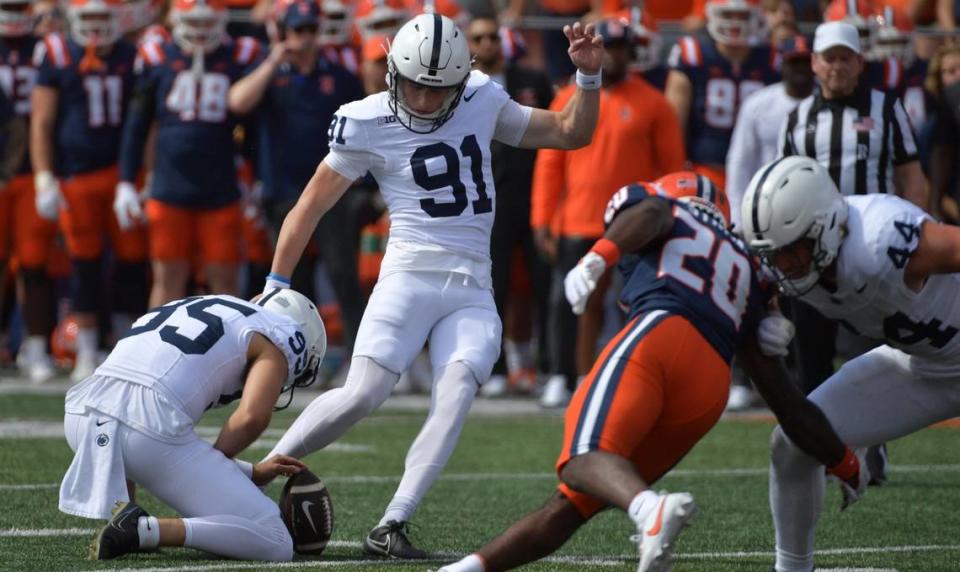 Penn State kicker Alex Felkins kicks a field goal against Illinois during the first half Sept. 16, 2023, at Memorial Stadium. Ron Johnson/USA TODAY NETWORK