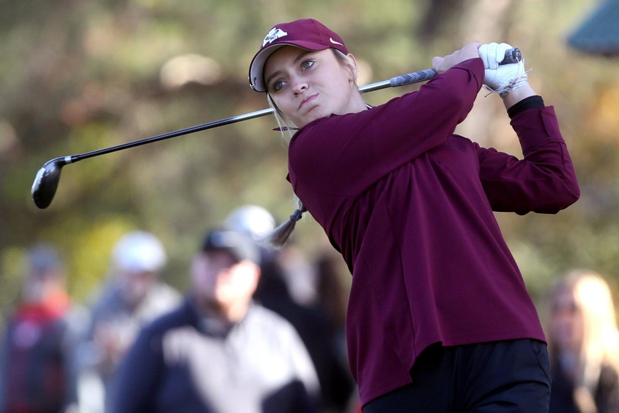 New Albany's Mia Hammond tees off during the OHSAA Girls Division I Golf State Tournament on Oct. 22 at The Ohio State University Golf Club in Columbus.