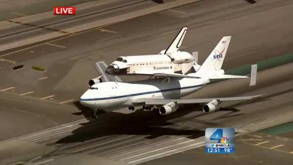 The Shuttle Carrier Aircraft carrying shuttle Endeavour landed at Los Angeles International Airport on September 21, 2012. The shuttle made a grand tour of California before landing in LA. Endeavour will go on display at the California Science