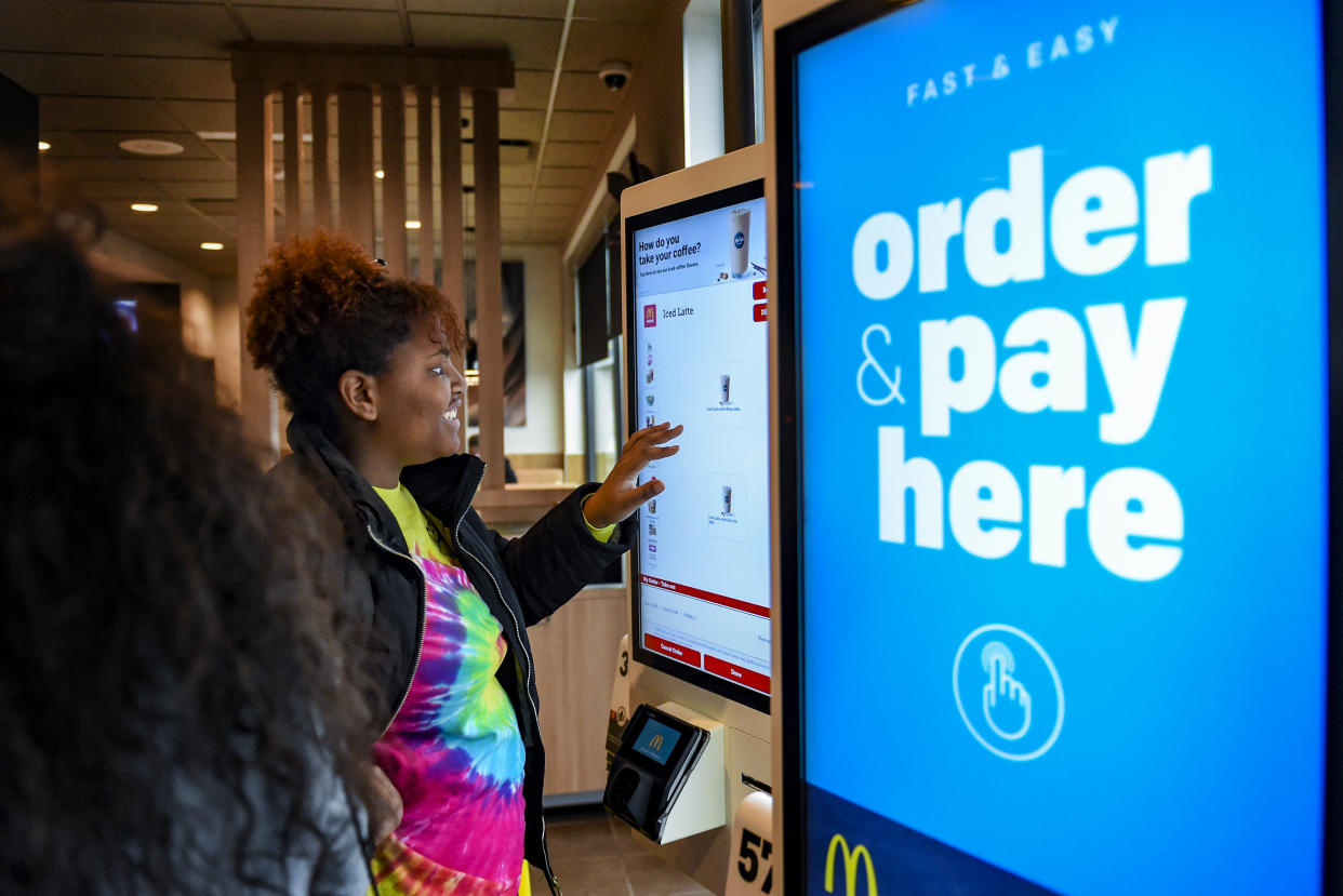 Camille Angenor, 17, a senior at Muhlenberg High School, places her order on a kiosk inside the newly renovated McDonald's along 5th Street Highway in Reading on Jan. 7, 2019. Photo by Natalie Kolb 1/7/2019 (Photo By Natalie Kolb/MediaNews Group/Reading Eagle via Getty Images)