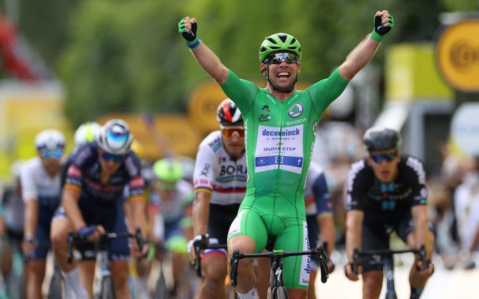 Mark Cavendish celebrates after winning his first stage at this year's Tour de France - GETTY IMAGES