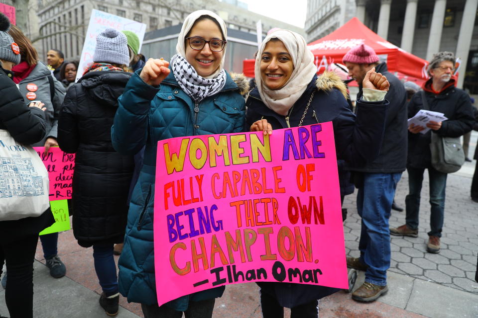 Maha Akhtar and Omera Begum attend the Women’s Unity Rally hosted by a chapter of Women’s March Inc. on Jan. 19, 2019 at Foley Square, New York City. (Photo: Gordon Donovan/Yahoo News)