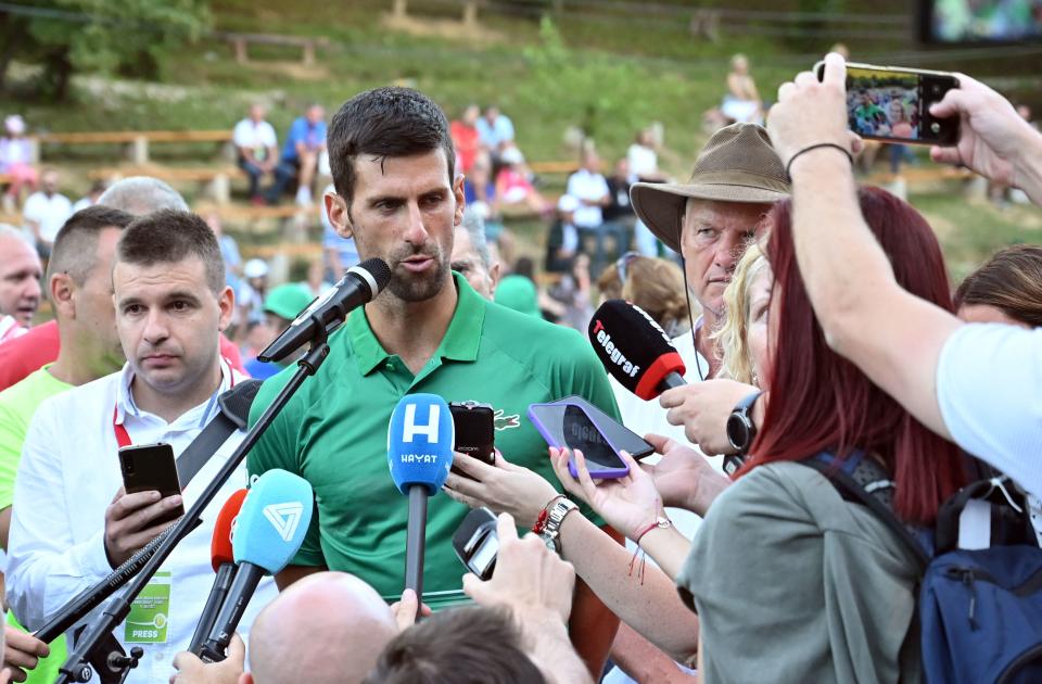 Novak Djokovic, pictured here speaking to the media in Bosnia after his Wimbledon triumph.
