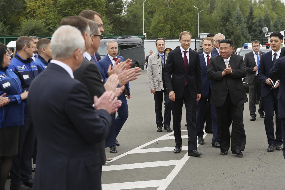 In this photo released by Khabarovsky Krai region government, North Korean leader Kim Jong Un, 2nd right, visits a Russian aircraft plant that builds fighter jets in Komsomolsk-on-Amur, about 6,200 kilometers (3,900 miles) east of Moscow, Russia, Friday, Sept. 15, 2023. (Khabarovsky Krai region government via AP)