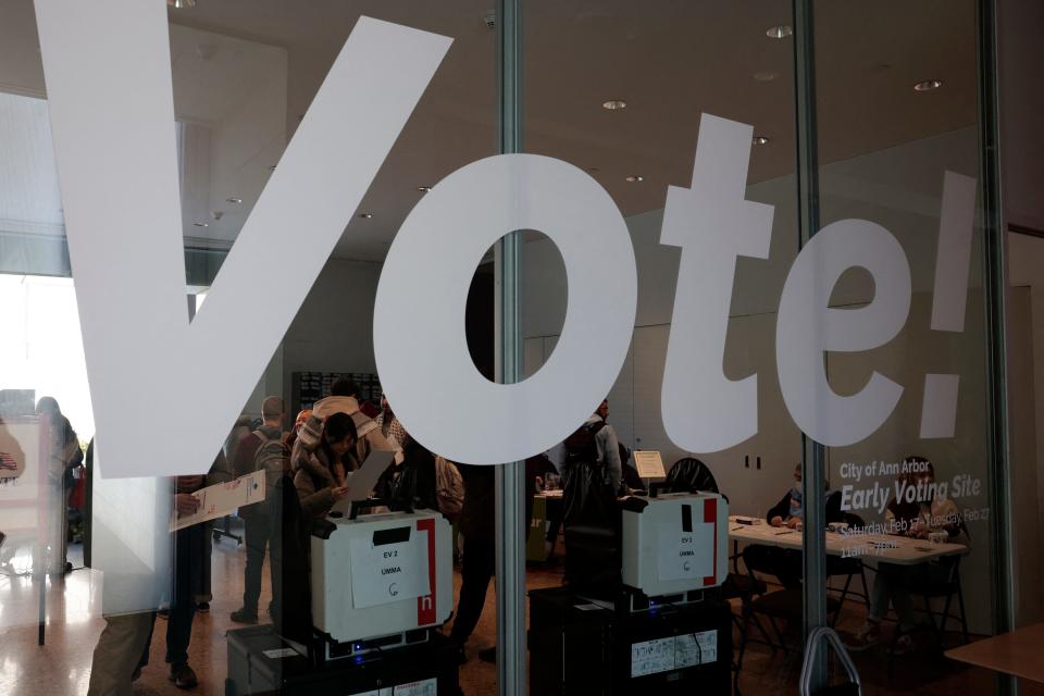 An early voting station set up on the campus of the University of Michigan is seen in Ann Arbor on Feb. 20, 2024.