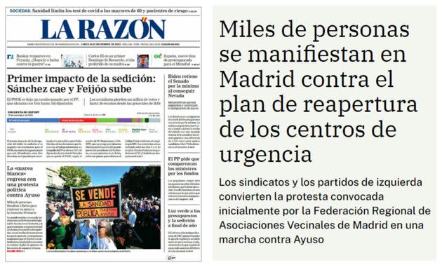 Cobertura de la manifestación por la sanidad pública en el diario 'La Razón'.