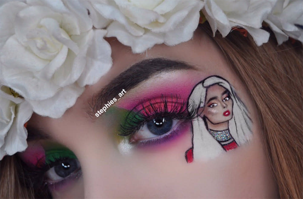Stephanie Crow took fan art to the next level, painting Bebe Rexha on her eyes. (Photo: Twitter/stephies_art)