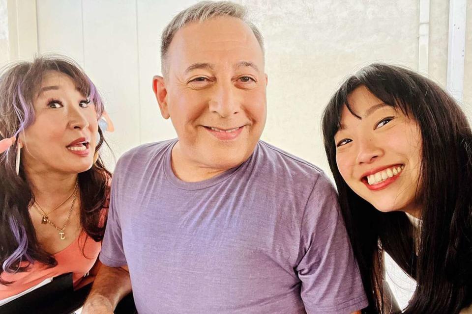 <p>Sandra Oh/Instagram</p> Sandra Oh, Paul Reubens and Awkwafina on the set of 