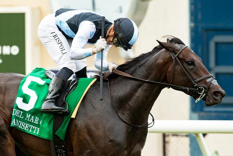 Anisette wins the Grade I Del Mar Oaks. Benoit photo, courtesy of Del Mar Turf Club