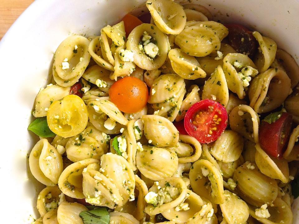 Pesto, Feta, and Cherry Tomato Pasta Salad