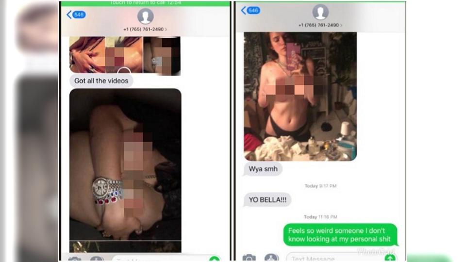 貝拉貼出自己與駭客對話的截圖，就連其中的裸照也直接公開。圖／翻攝bellathorne Twitter