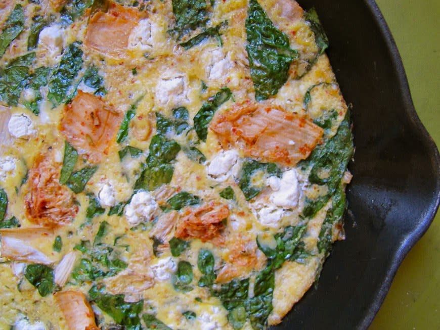 Kimchee, Spinach, and Goat Cheese Frittata from Not Eating Out in New York