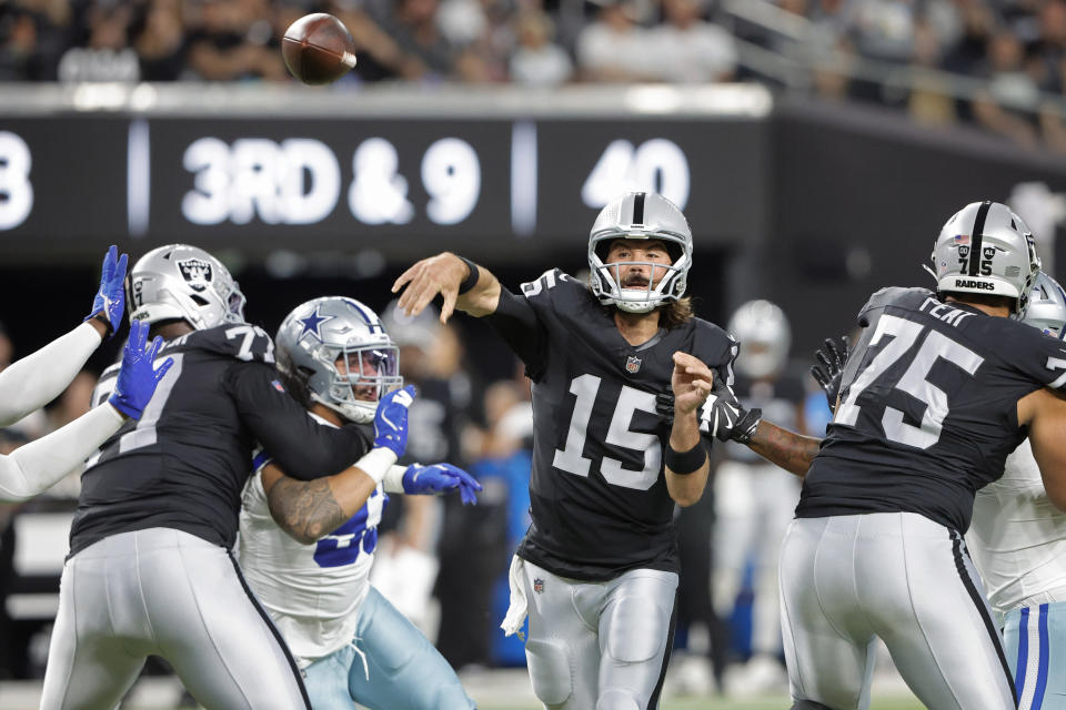 Las Vegas Raiders quarterback Gardner Minshew (15) throws against the Dallas Cowboys. (AP Photo/Steve Marcus)