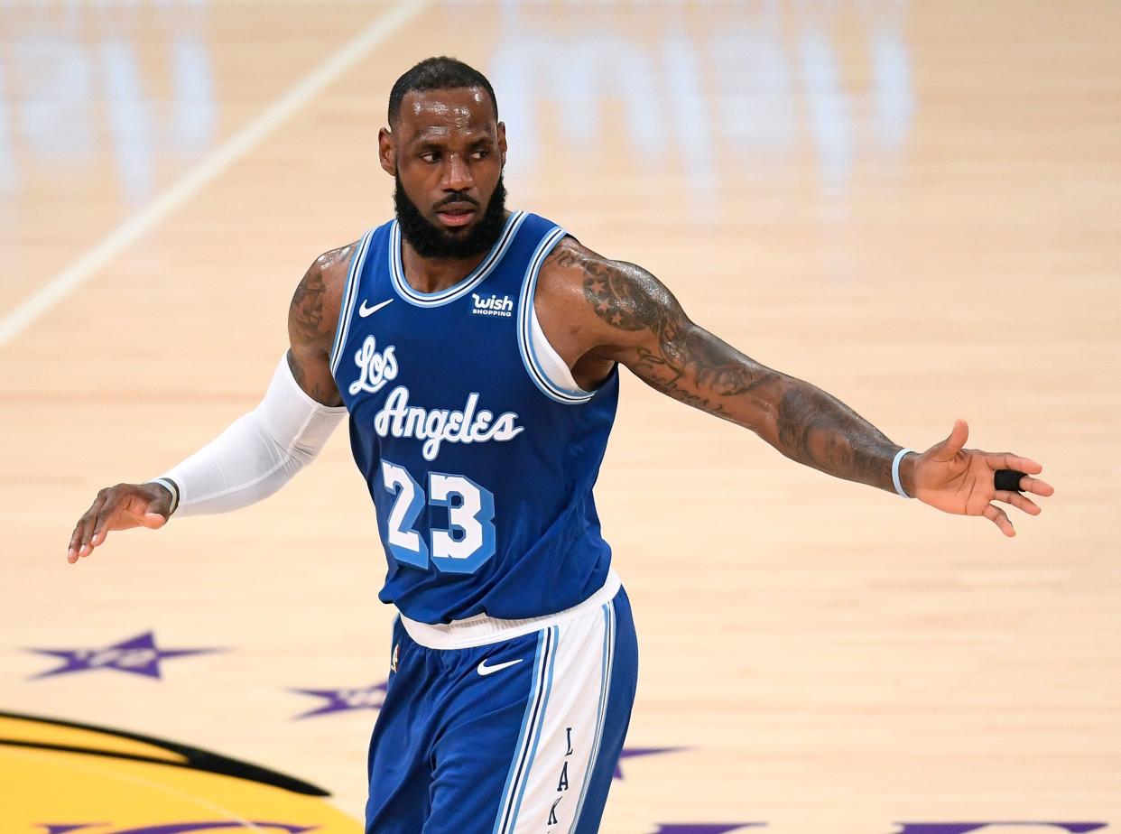 <p>LeBron James at Staples Center on 16 March, 2021 in Los Angeles</p> (Getty Images)