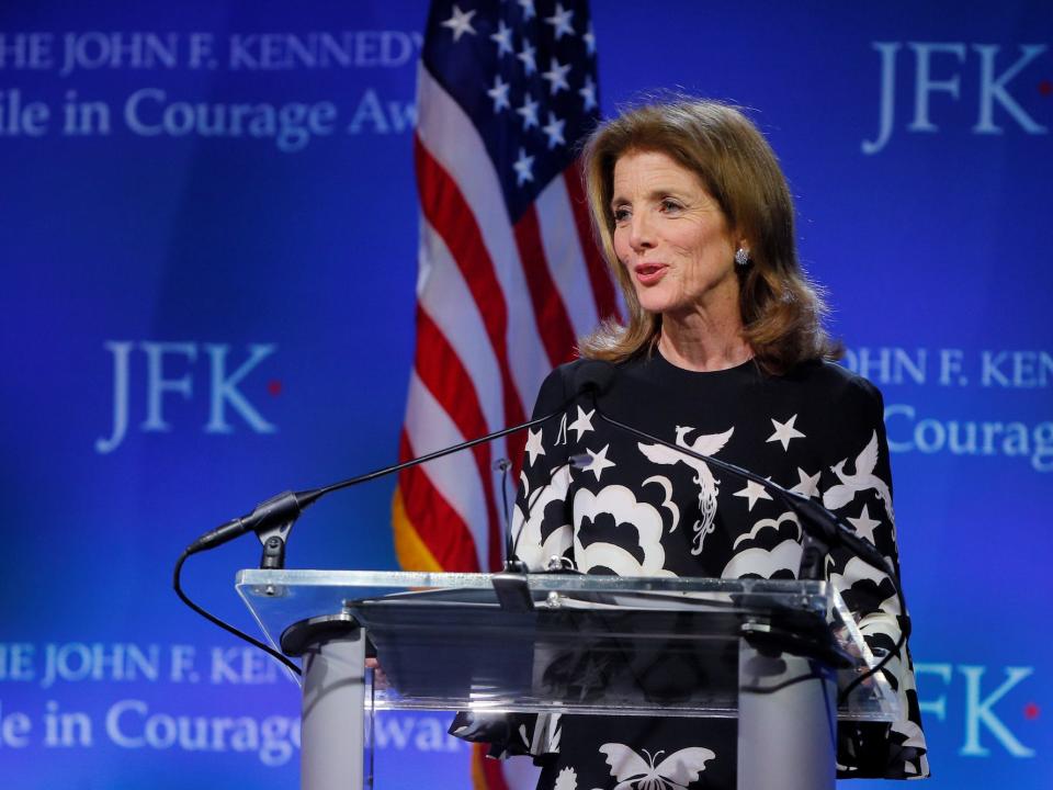 Former Ambassador Caroline Kennedy Schlossberg presents the 2019 Profile in Courage Award to U.S. House Speaker Pelosi in Boston