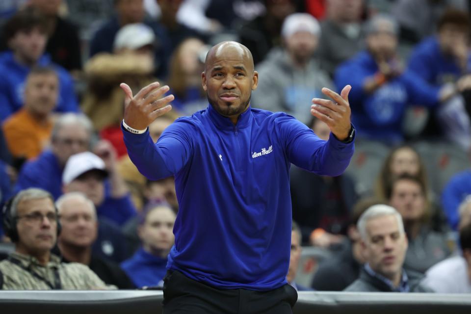 Dec 20, 2023; Newark, New Jersey, USA; Seton Hall Pirates head coach Shaheen Holloway reacts during the first half against the Connecticut Huskies at Prudential Center. Mandatory Credit: Vincent Carchietta-USA TODAY Sports