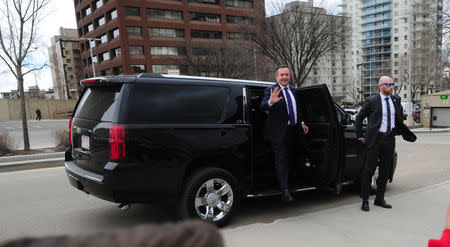 Jason Kenney, Alberta's premier-designate and leader of the United Conservative Party (UCP), arrives to meet with the media in front of the Legislature Building in Edmonton, Alberta, Canada April 17, 2019. REUTERS/Candace Elliott