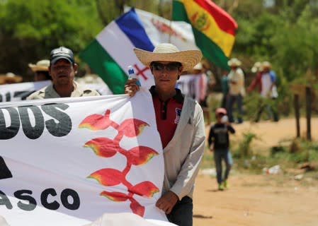 People march during the 10th Indigenous March to defend Mother Earth near San Jose