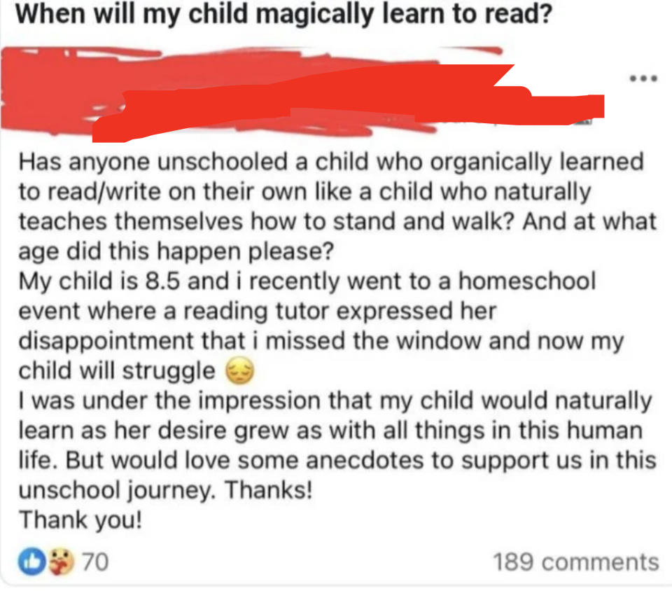 Facebook post with 189 comments: A parent of an 8-year-old asks about unschooling and children's natural reading development, seeking anecdotes and support