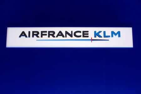 FILE PHOTO: The Air France-KLM company logo is seen during the company's half-year results in Paris, France, August 1, 2018. REUTERS/Benoit Tessier