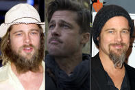 In Sachen Gesichtsbehaarung hat Brad Pitt wirklich schon alles ausprobiert: Vor zehn Jahren schockte er mit Robinson-Crusoe-Look (l.), für „Inglourious Basterds“ ließ er sich 2009 einen Pornobalken stehen (m.), später jettete er mit zotteligem Ziegenbärtchen um den Globus (r.). Ein einziges Haar-Desaster. Da... (Bilder: ddp images/Wenn/AFP)