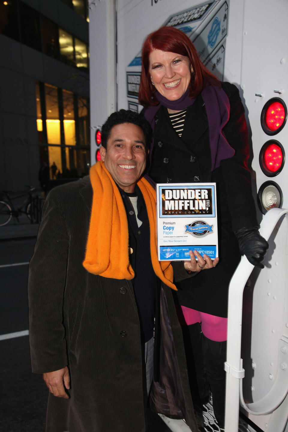 NEW YORK, NY - DECEMBER 13: (L-R)Oscar Nunez and Kate Flannery from "The Office" support Quill.com's launch of Dunder Mifflin Paper on December 13, 2011 in New York City. (Photo by Donald Bowers/Getty Images for Quill.com)