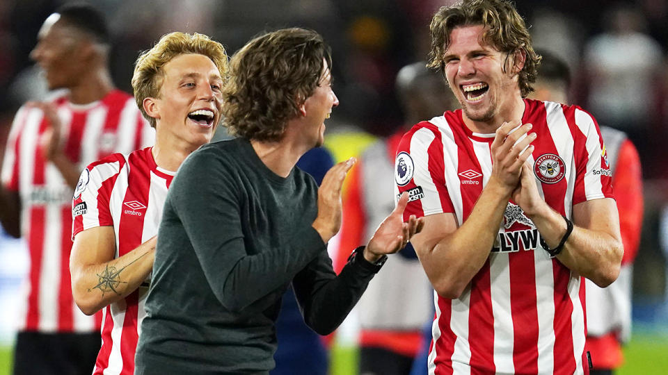 Brentford manager Thomas Frank, pictured here with players celebrating their win over Arsenal. 