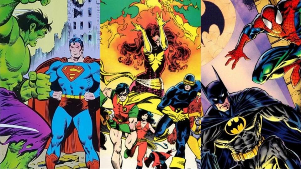 Images from past DC Marvel crossover comics, like Superman vs. Spider-Man, Uncanny X-Men vs. the Teen Titans, and Batman vs. Spider-Man.