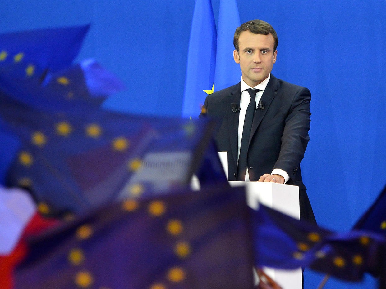 Emmanuel Macron speaks after winning a commanding lead in the first round of the French Presidential Elections: Getty Images