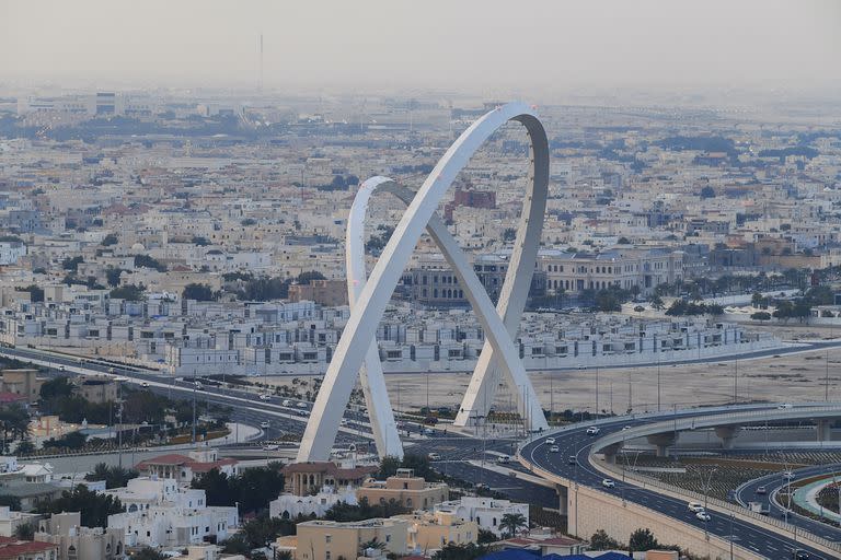 Doha, Qatar - February  0126, 2018: The Tallest Monument of City. known as 56 Bridge of Arch