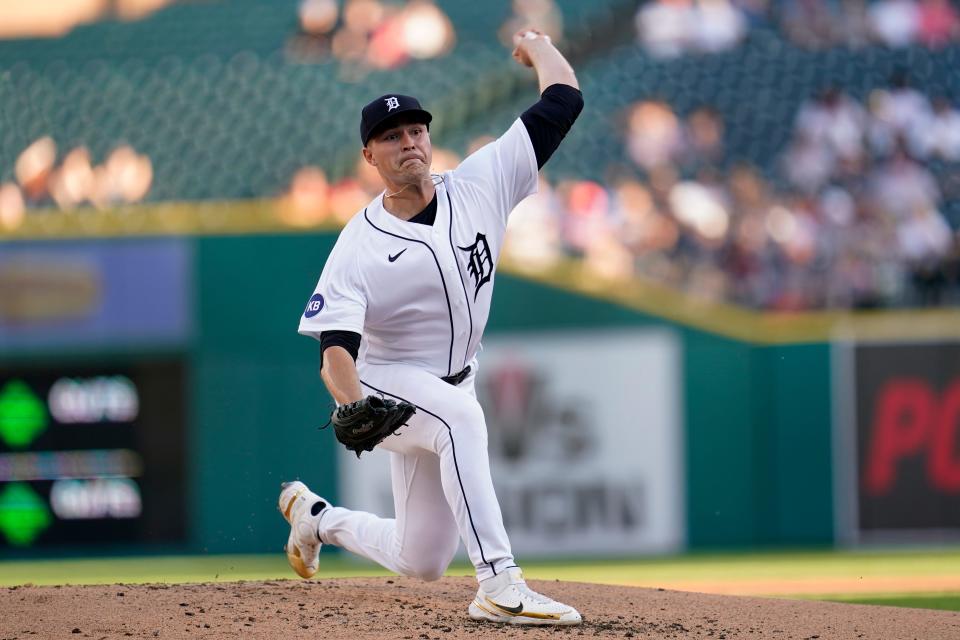 Detroit Tigers pitcher Tarik Skubal throws against the Texas Rangers in the first inning at Comerica Park in Detroit on Friday, June 17, 2022.