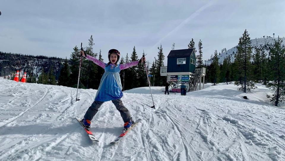 Lucy Urness, 7, skis at Hoodoo Ski Area in her Elsa costume.