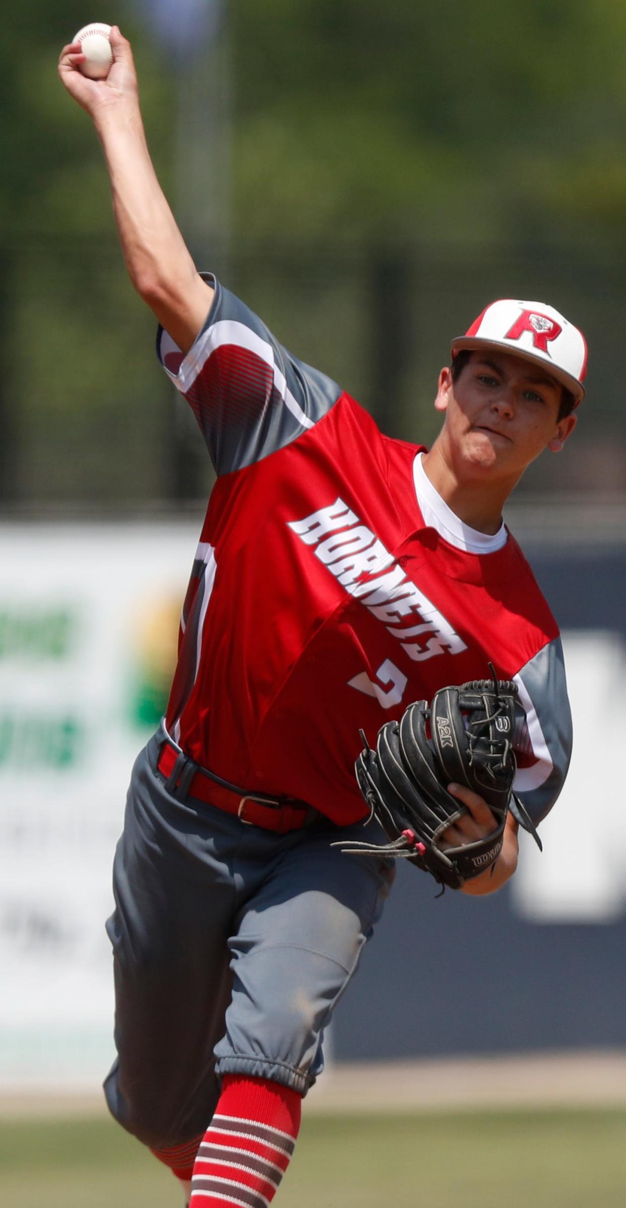 Rossville Hornets Zac Wainscott (2) pitches during the IHSAA baseball regional game against the Central Catholic Knights, Saturday, June 3, 2023, at Central Catholic High School in Lafayette, Ind. Central Catholic won 9-0.