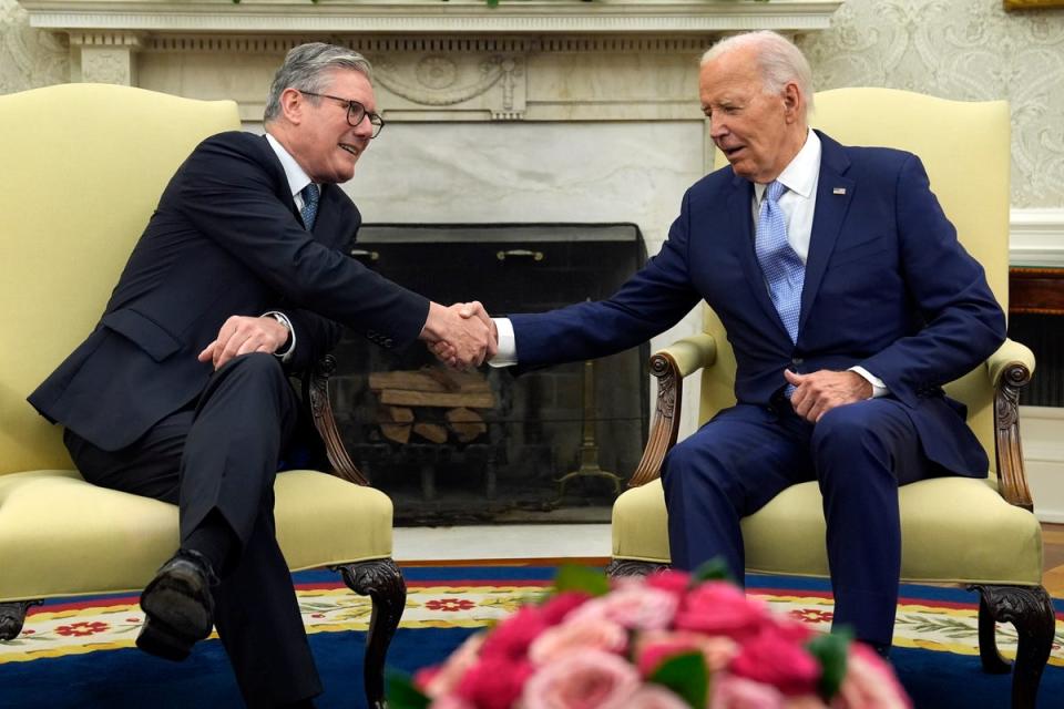 President Joe Biden meets with British Prime Minister Keir Starmer in the Oval Office of the White House, Wednesday, July 10, 2024, in Washington. (AP)