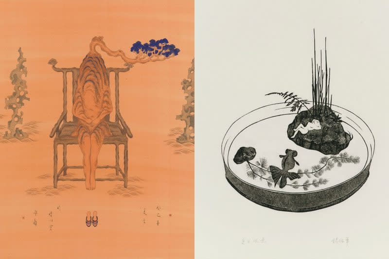 廖文豪《賞石圖》水墨作品（左），楊振華夏日水景版畫作品（右）。（文化部提供）