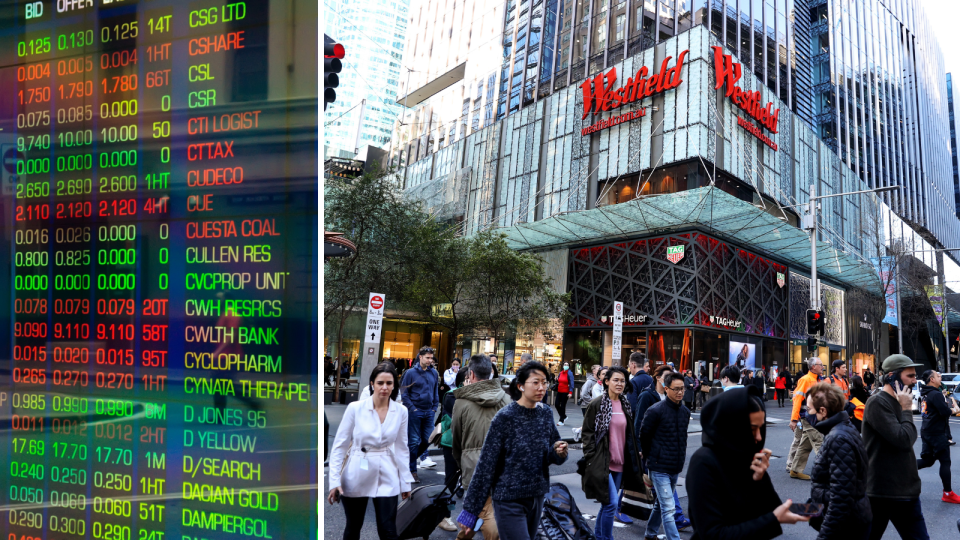 A composite image of the ASX board showing company price changes and Australian shoppers outside a Westfield.