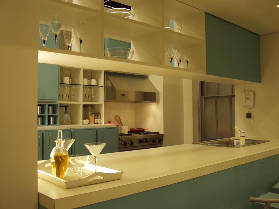 Samantha didn't do a lot of cooking, but she had a very cool blue kitchen in her Meatpacking District apartment.