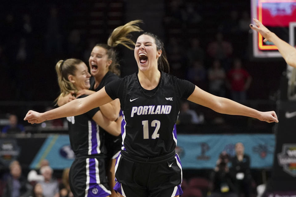 Portland Pilots forward Alex Fowler (12) celebrates after a win over the Gonzaga Bulldogs in the final of the WCC women's basketball tournament. (Kyle Terada-USA TODAY Sports)