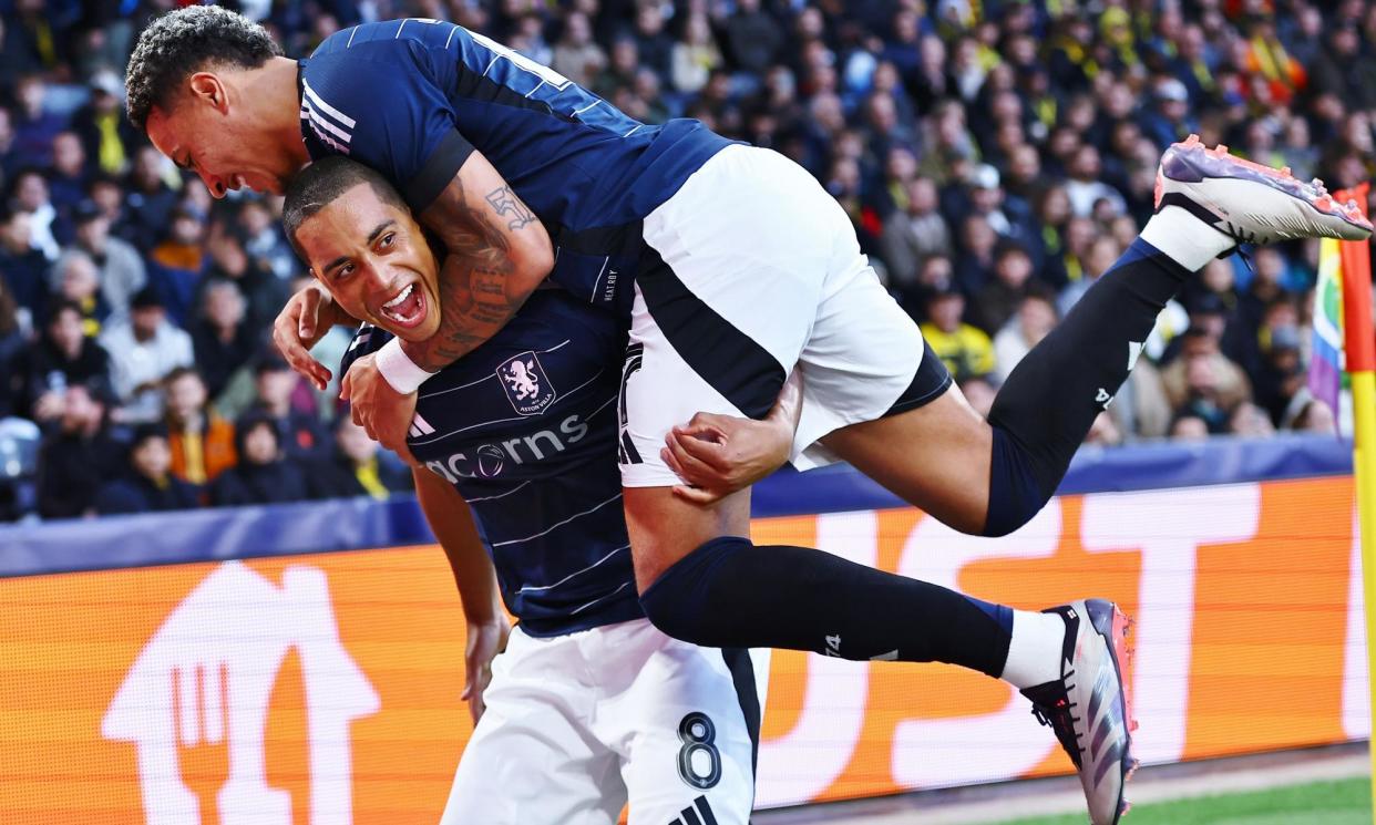 <span>Youri Tielemans (bottom) celebrates with Morgan Rogers (top) after scoring Aston Villa’s first Champions League goal in 41 years.</span><span>Photograph: Michael Zemanek/Shutterstock</span>