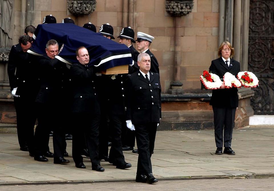 The coffin leaving Lichfield Cathedral after the funeral service of Det Con Michael Swindells, Lichfield,. The former Royal Engineers lance corporal from Burton-on-Trent, Staffs, died in hospital on May 21 from a single stab wound to the abdomen after being attacked in the Nechells area of Birmingham.   (Photo by Rui Vieira - PA Images/PA Images via Getty Images)
