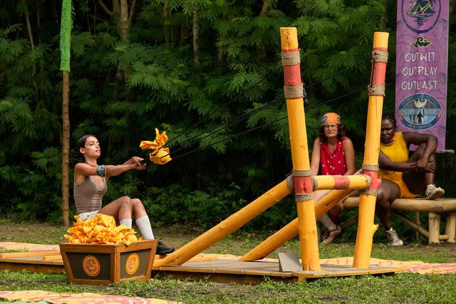 <p>Robert Voets/CBS</p> Nami tribe’s Venus competes in a challenge.