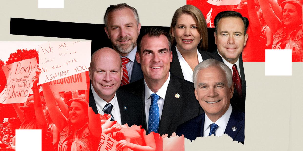 The state of Oklahoma with heads of Governor Kevin Stitt, Senator Greg Treat, Representative Wendi Stearman, Representative Todd Russ, Representative Jim Olsen, and Attorney General John O'Conner.