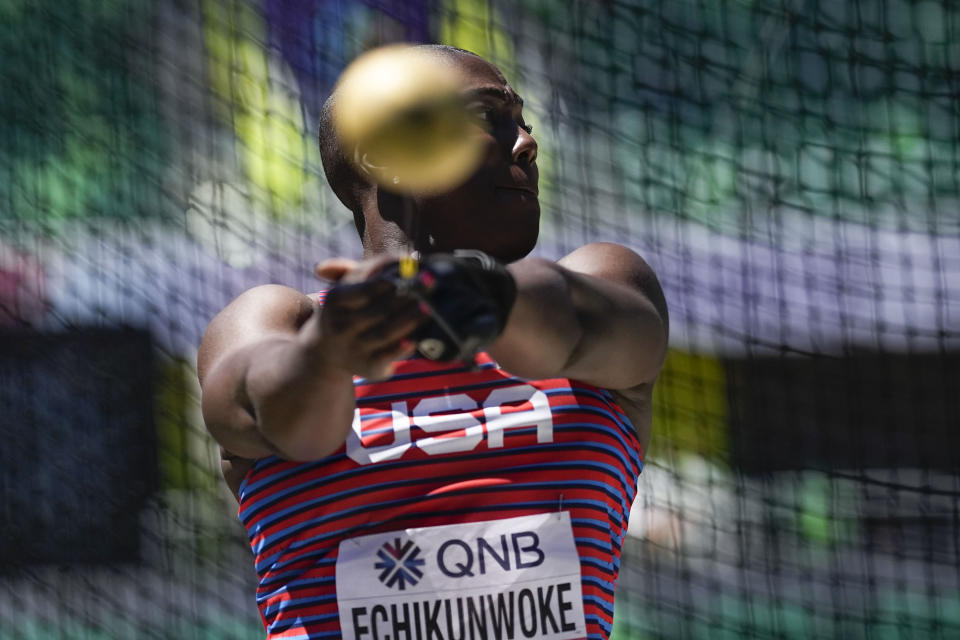 Annette Nneka Echikunwoke, of the United States, competes in the hammer throw at the World Athletics Championships Friday, July 15, 2022, in Eugene, Ore. (AP Photo/David J. Phillip)
