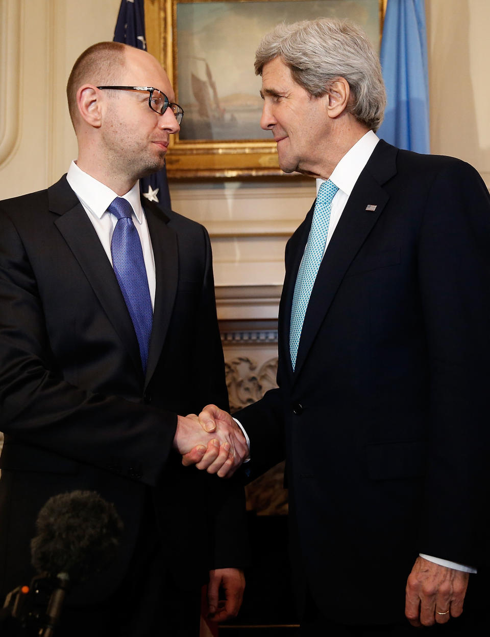 WASHINGTON, DC - MARCH 12:  U.S. Secretary of State John Kerry (R) meets with Ukrainian Prime Minister Arseniy Yatsenyuk (L) at the State Department March 12, 2014 in Washington, DC. Yatsenyuk is scheduled to meet later in the day with U.S. President Barack Obama at the White House.  (Photo by Win McNamee/Getty Images)