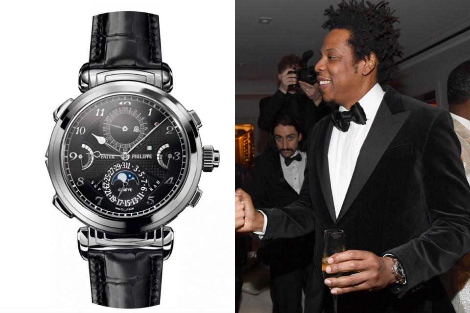 Patek Phillipe Grandmaster Chime Reference 6300G side by side with side profile photo of Jay Z wearing watch