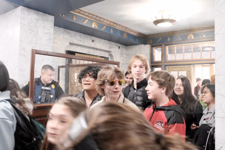 On April 4, 2024, high School students crowded into the Capitol lobby in Juneau to protest Gov. Mike Dunleavy's veto of legislation that would have increased school funding statewide. Photo by Claire Stremple/Alaska Beacon)