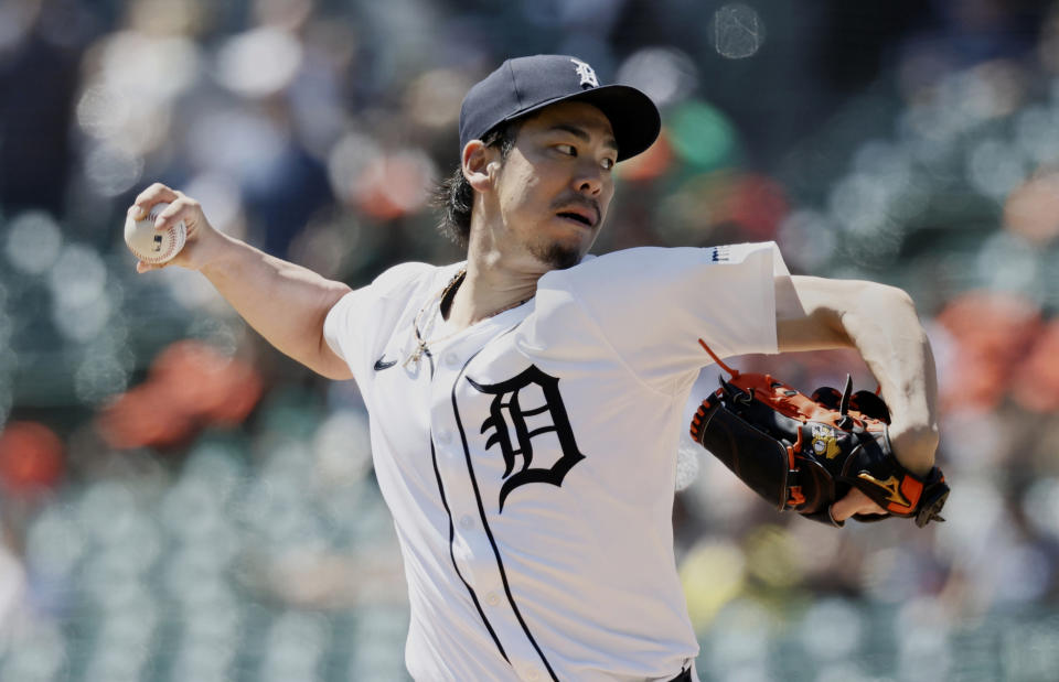 DETROIT, MI -  MAY 1:  Kenta Maeda #18 of the Detroit Tigers pitches against the St. Louis Cardinals during the first inning at Comerica Park on May 1, 2024 in Detroit, Michigan. (Photo by Duane Burleson/Getty Images)